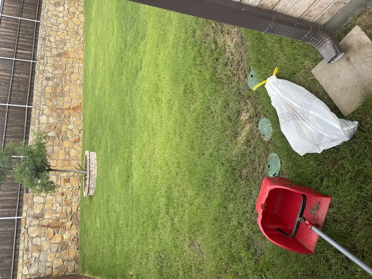A1 Scoop Warriors dog poop removal completed service photo showing clean yard and sealed waste bag