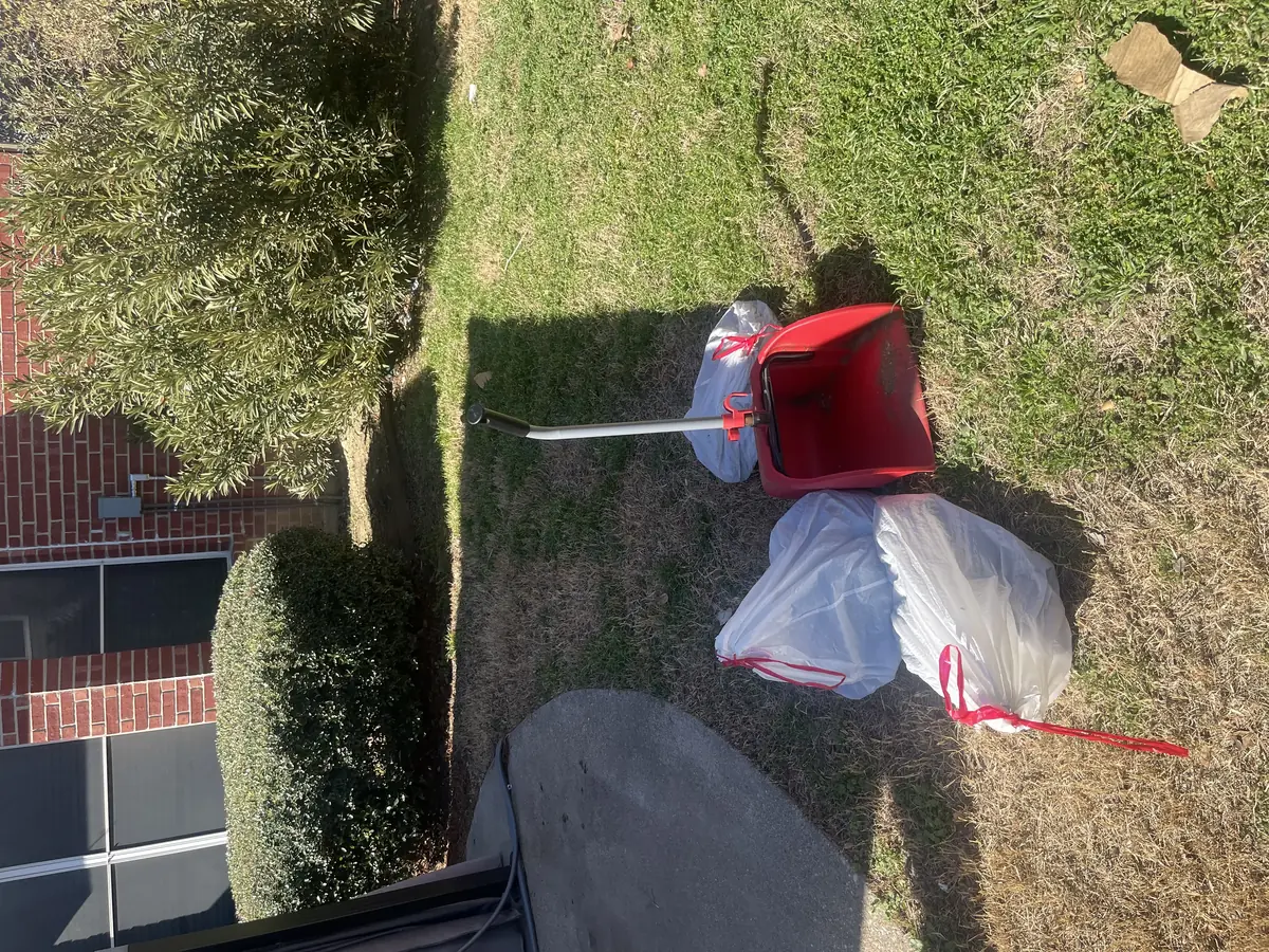 Overhead view of completed A1 Scoop Warriors dog poop removal service on a green suburban yard