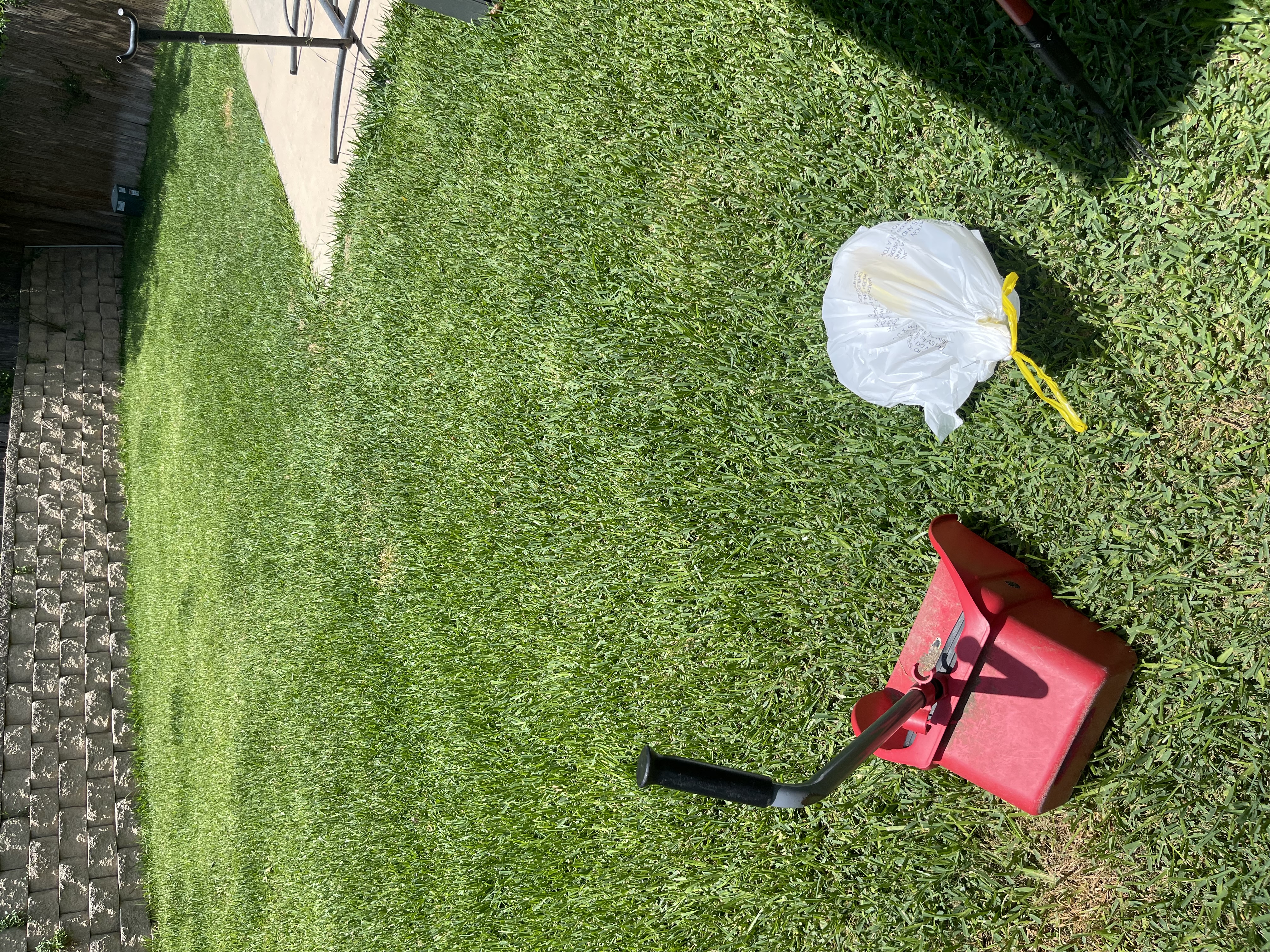 A1 Scoop Warriors pet waste removal completed on a pristine manicured yard with paver pathway and iron gate