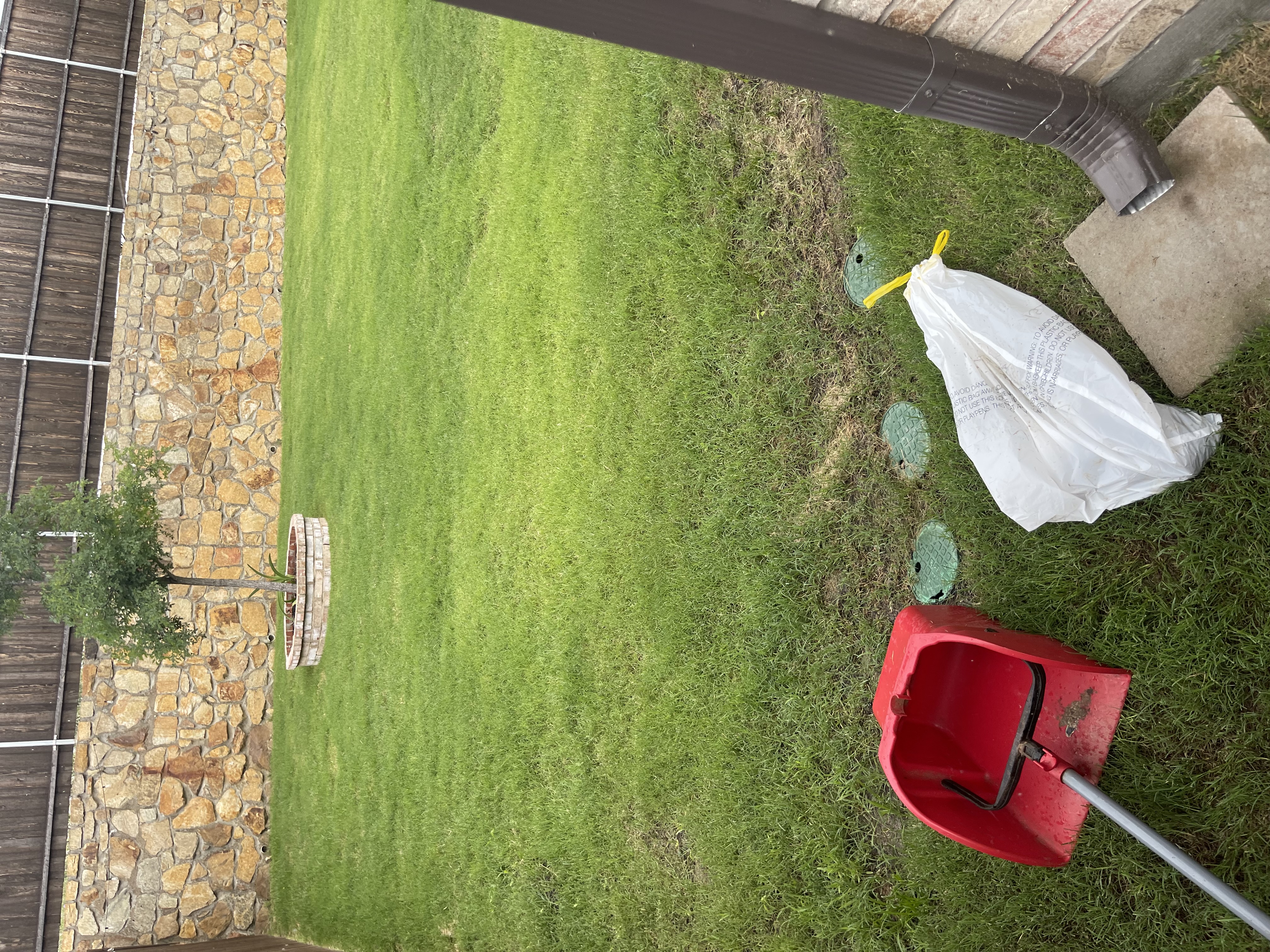 A1 Scoop Warriors pooper scooper service completed on a yard with stone wall fence showing sealed waste bag